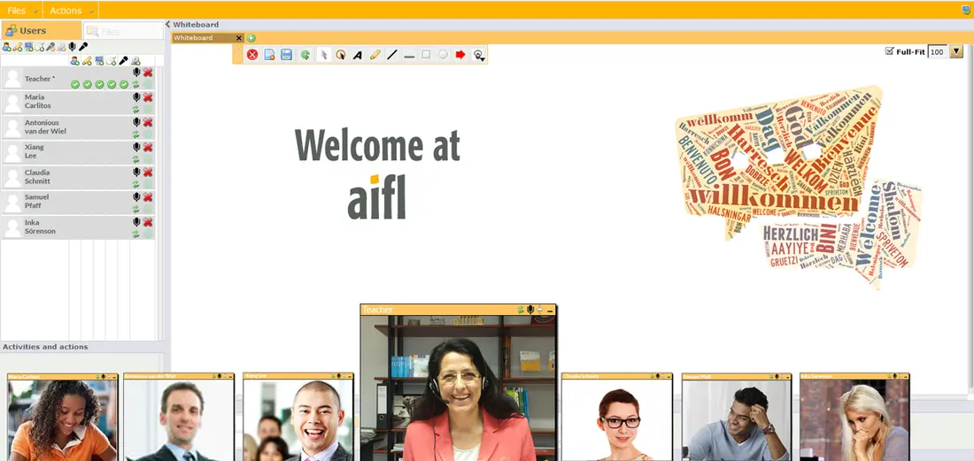 Screen view of the aifl virtual classroom with teacher and learners on video